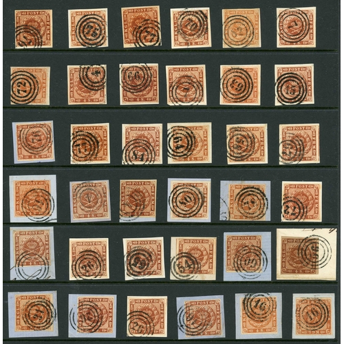 2171 - 1858-62 NUMERAL CANCELLATION COLLECTION: Collection of 1858-62 4sk brown (various shades), all are 4... 