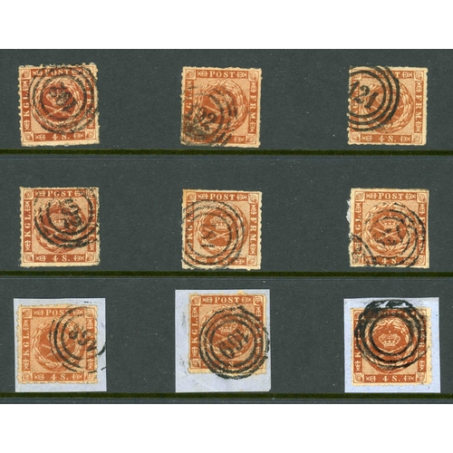 2171 - 1858-62 NUMERAL CANCELLATION COLLECTION: Collection of 1858-62 4sk brown (various shades), all are 4... 