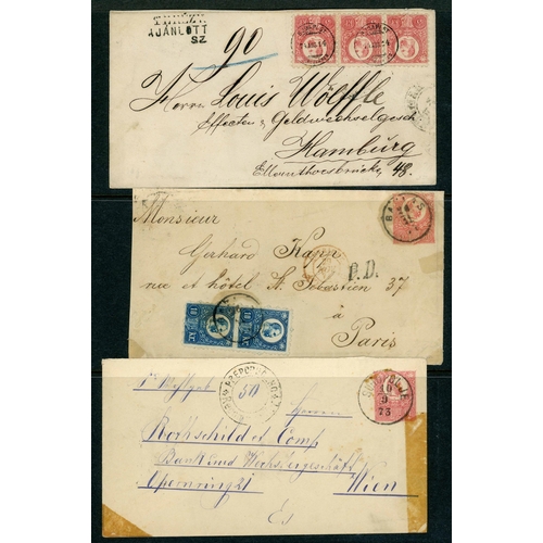 2210 - 1871-73 ISSUES & COVERS: Aug. 1874 cover from Budapest to Hamburg bearing 5k red rose-red in strip o... 