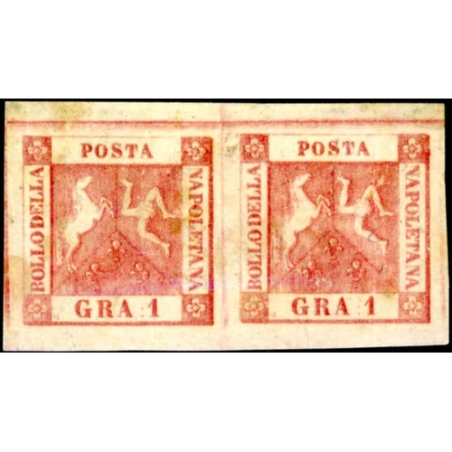 2215 - NAPLES 1858 1gr UNUSED PAIR: Fine, unused horizontal pair in a deep rose shade with trace of origina... 