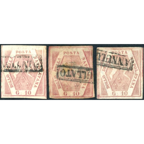 2223 - NAPLES 1858 10gr GROUP: Stock card with 7 used examples of the 10gr value in various shades. Mostly ... 