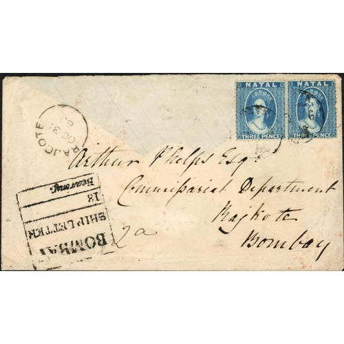 2241 - 1ST ISSUE CHALON FRANKING TO INDIA; 9 May 1860 env. (top rear flap missing) to Bombay franked pair 1... 