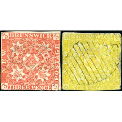 2247 - 1851-60 3d BRIGHT RED & 6d OLIVE-YELLOW DUOS: All with small faults and/or trimmed margins but clean... 