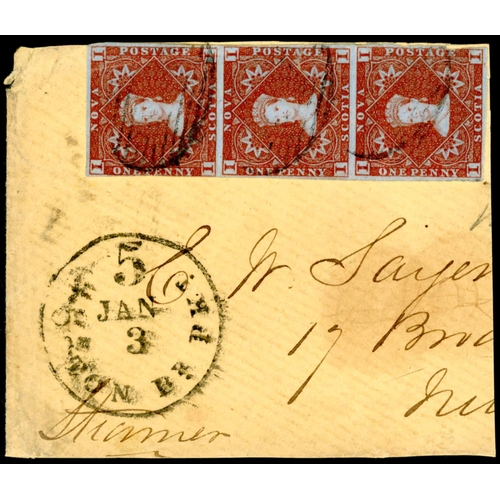 2277 - 1851-60 1d STRIP OF 3 ON PART ENV.: A 1d red-brown strip of 3 (top 2 stamps with 4 margins, bottom s... 