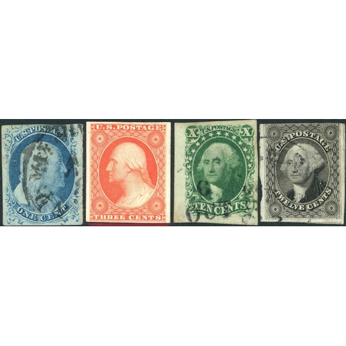 2312 - 1851-57 IMPERF. USED SELECTION PLUS A PROOF: 1c blue three margins with pinhole and re-entry/double ... 