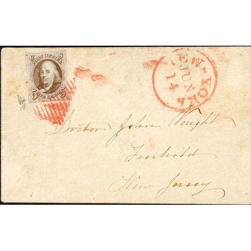 2316 - 1847 5c SOLO FRANKING; 14 June env. (rear flap torn and ink smudges on front) to New Jersey franked ... 