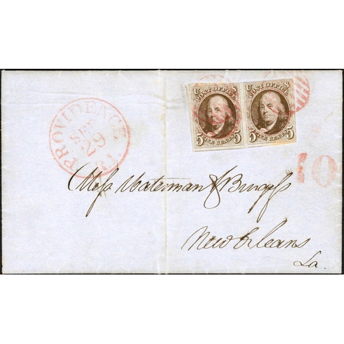 2317 - 1847 5c PAIR FRANKING; 29 Sep. 1848 EL (file fold) to New Orleans franked pair 1847 5c brown, large ... 