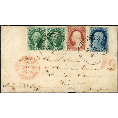 2319 - 1851 IMPERF. ISSUES FRANKING; Aug. 1857 env. (small peripheral faults) to Liverpool franked 10c pair... 