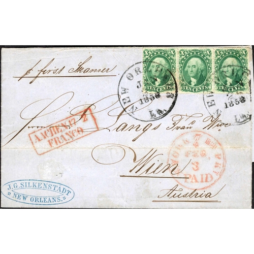 2321 - 1857 10c FRANKING TO AUSTRIA; Pair with Jan. 1858 EL (mild file fold) 'p First Steamer' to Vienna fr... 