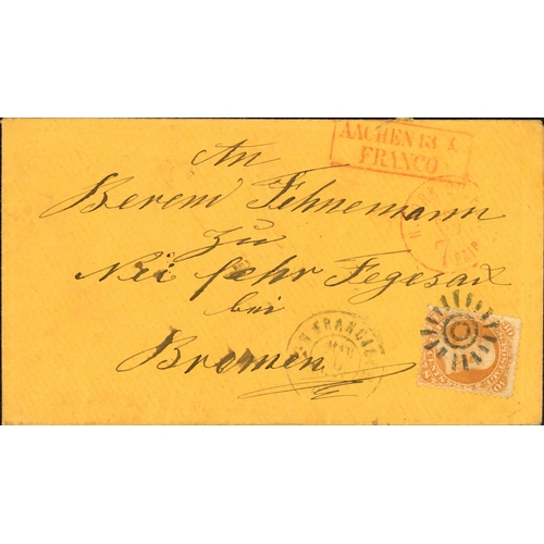 2327 - 1861 30c SOLO FRANKINGS EX CALIFORNIA; Pair with Mar. 1864(?) env. to Bremen with 30c orange tied by... 