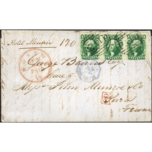 2328 - 1857 10c FRANKINGS TO FRANCE; Fine June 1860 EL to Paris franked strip of three 10c green tied by tw... 