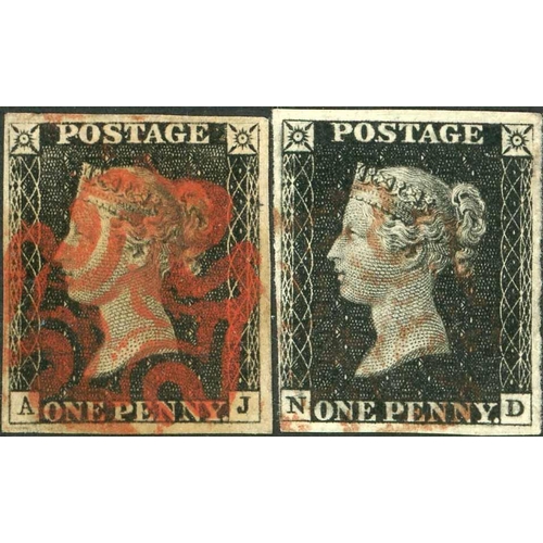 2373 - PLATE 1b - AJ & ND - each four margins, ND close at lower left, with red MX cancels (oily on AJ slig... 