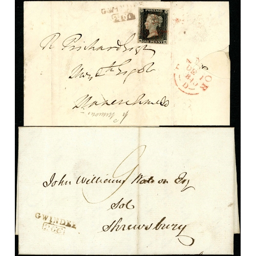 2378 - PLATE 1b - ME - ON COVER PLUS PRE-STAMP COVER BOTH WITH GWINDEE MILEAGE - Dec. 1840 EL to Manchester... 