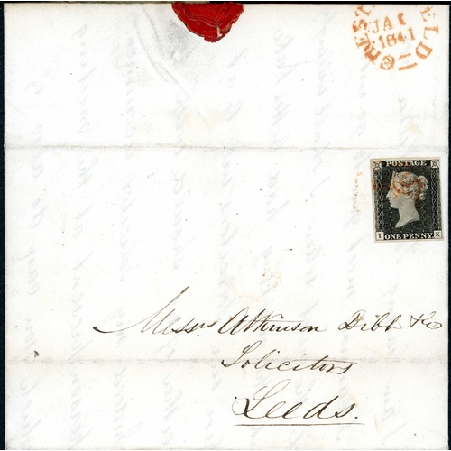 2392 - PLATE 2 - IK - ON COVER - 22 Jan. 1841 EL to Leeds franked with a fine four margin 1d black faintly ... 