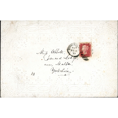 2542 - TWO 1877 ENVELOPES & UNDATED CARD - 1877 fancy embossed envs. from Birmingham to Malton (large sized... 