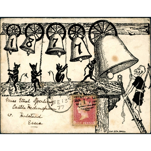 2543 - 1877 NEW YEARS PRINTED ENV. USED AS A VALENTINE - depicting four bells being rung by devil figures p... 