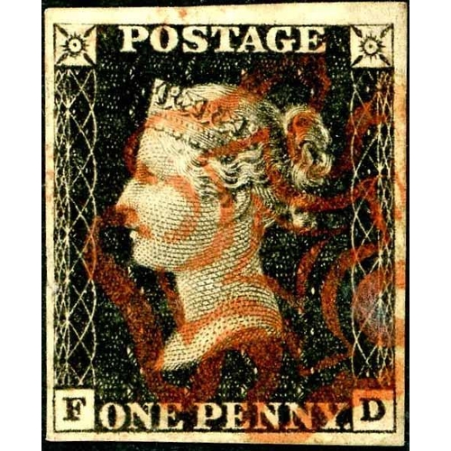 1008 - Plate 1a - FD - light overall toning else very fine with four margins and red MX cancel.