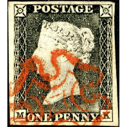 1016 - Plate 1a - MK - with four good to large margins and very fine crisp red MX, very worn print. Light t... 