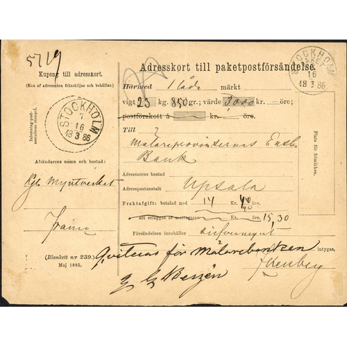 1124 - VERY HEAVY INTERNAL PARCEL; 18 Mar. 1886 printed packet address card (minor faults) to Upsala with t... 