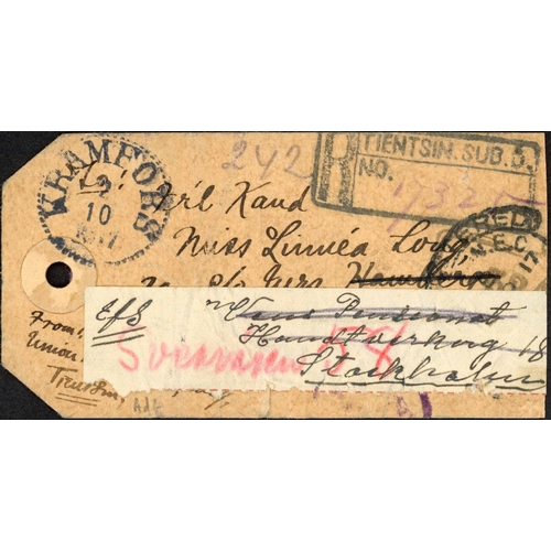 1184 - CHINA/KOREA; Pair with 1917 registered parcel tag to Kramfors franked China 4c (3) + 2c with Tientsi... 