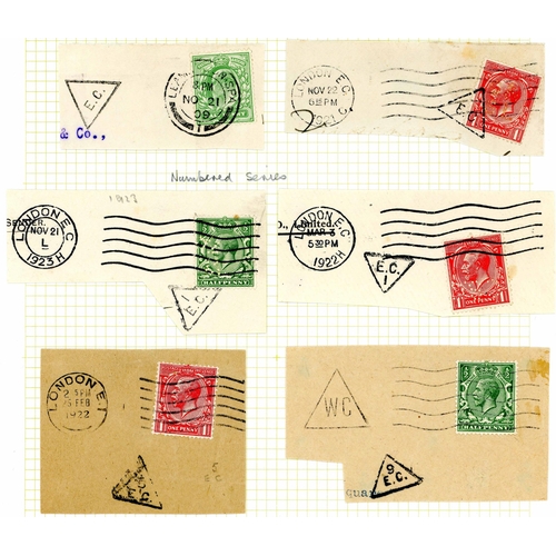 1289 - 1890-1970s TRIANGLE INSPECTOR'S MARKS/CANCELS - range on pages, undated KEVII ½d green wrapper used ... 