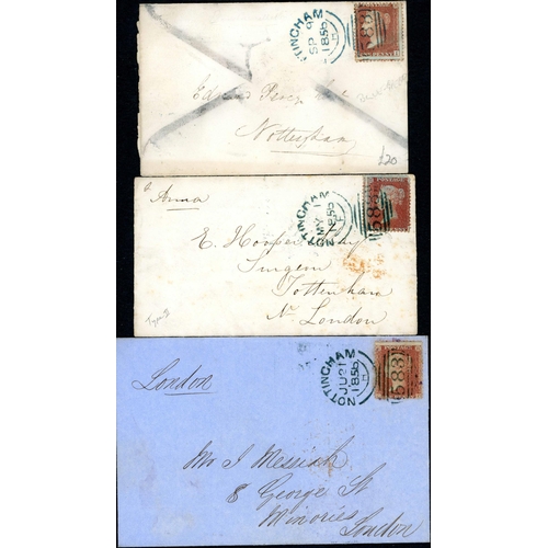 1622 - NOTTINGHAM - BLUE/GREEN SIDEWAYS DUPLEX - May-Sep. 1856 trio of E/envs. to London or used locally wi... 