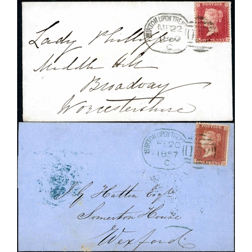 1624 - BURTON UPON TRENT - SCARCE SPOON CANCELLATIONS INC. IN BLUE-GREEN - Feb. 1857 E to Wexford with C8 1... 