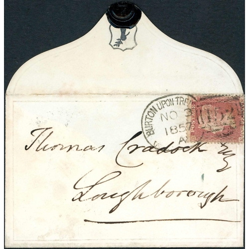 1625 - BURTON UPON TRENT - 1857 SPOON COVER WITH VERY SCARCE CODE A - 3 Nov. 1857 env. to Loughborough with... 