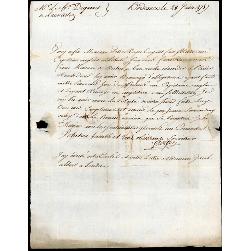 163 - ** THE 7 YEARS WAR - EARLY CENSORED LETTER TO CAPTAIN DEQUEUX ON PAROLE IN PLYMOUTH; 28 June 1757 EL... 