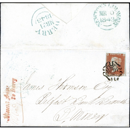 1767 - VERY RARE DERRY MISSENT HANDSTAMP ON  COVER - 20 Mar. 1843 EL to 'B.Money' with four margin 1d red, ... 