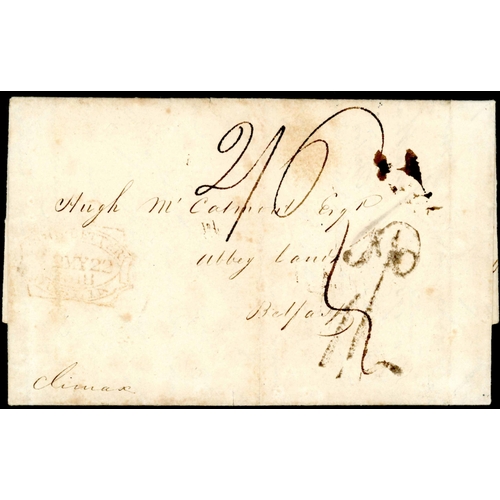 1768 - DUBLIN SHIP LETTER DOUBLE-WEIGHT WITH 1s/-d IRISH CHARGE MARK: 1818 EL from USA to Belfast endorsed ... 