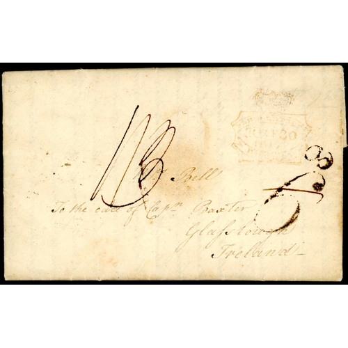 1769 - DUBLIN SHIP LETTER WITH 6d IRISH CHARGE MARK: 1826 EL from USA to Glaslough having a faint (as usual... 