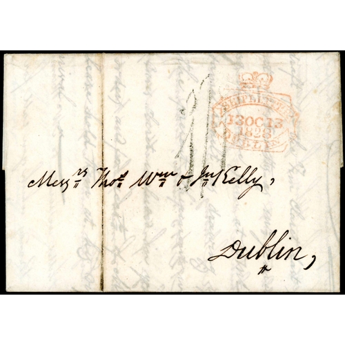 1770 - DUBLIN SHIP LETTER WITH IRISH 1s/1d CHARGE MARK FOR ENGLISH RATE & LOCAL POST: 1828 EL from France t... 