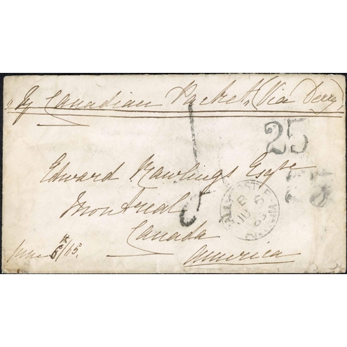 1774 - DUBLIN DISTINCTIVE '4' USED AS A CREDIT MARK ON TRANSATLANTIC MAIL; 5 June 1865 unpaid env. (small f... 