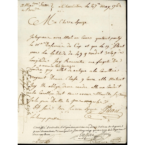 189 - ** THE 7 YEARS WAR - RARE LETTER FROM CAPTURED FRENCH CAPTAIN TAKEN INTO CHARLESTON USA; Fine and re... 