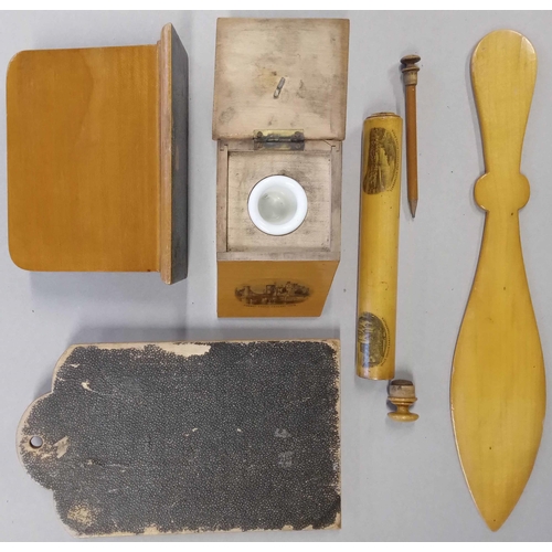 377 - MAUCHLINE WARE - WELSH INTEREST: A set of varnished wooden items with transfers of local views inc. ... 