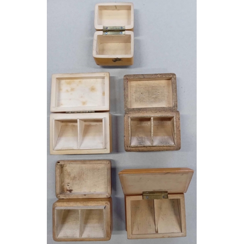 381 - MAUCHLINE WARE WOODEN STAMP BOXES: A set of 5 small varnished wooden stamp boxes with transfers of l... 