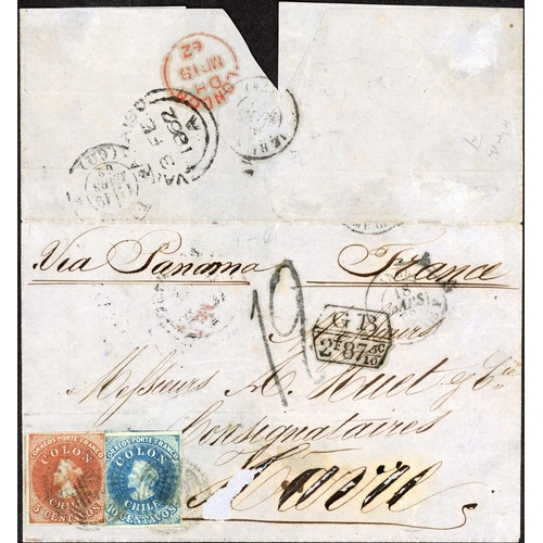 528 - PART-PAID MAIL TO FRANCE; Feb. 1862 E (few faults) to Havre ex Santiago franked 5c + 10c, slightly o... 