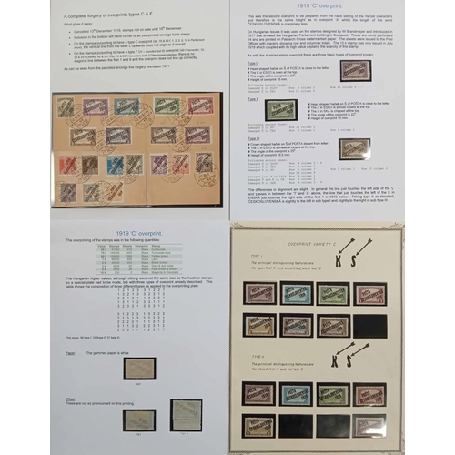 544 - 1919 OVERPRINTS ON STAMPS OF HUNGARY: A box file containing a well-researched & written-up study of ... 