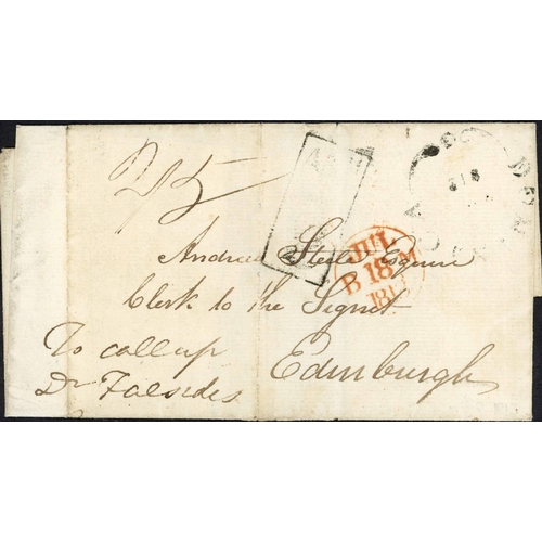 568 - PRE-STAMP MAIL TO GB; Trio with Apr. 1813 E to Edinburgh rated '2/5'(d) with 