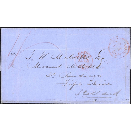 569 - PAID AT DOMINICA MARKS; Pair with July 1865 and Mar. 1869 E's (file folds) to Scotland with 