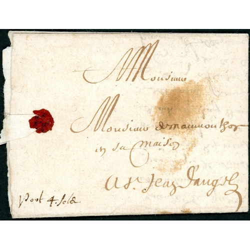 586 - EARLY P.O. RATE ENDORSEMENT; 5 July 1642 EL (red wax seal on front and rear, small stain) to St Jean... 