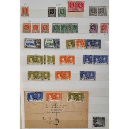 59 - MAURITIUS & SEYCHELLES: Stockbooks, album & loose leaves with QV - QEII mint & used ranges from thes... 