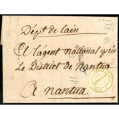 593 - OFFICIAL MAIL UNDER THE 1792 TARIFF; Range with Apr. 1794 official EL to Nantua with 