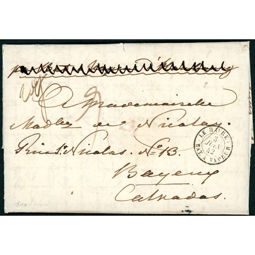 600 - LE HAVRE-CAEN SERVICE - Trio with 22 May 1842 EL to Calvados ex Copenhagen initially endorsed 'par B... 