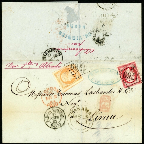 617 - FORWARDING AGENTS MAIL TO PERU; Unusual Feb. 1863 E to Lima ex Switzerland where carried privately t... 