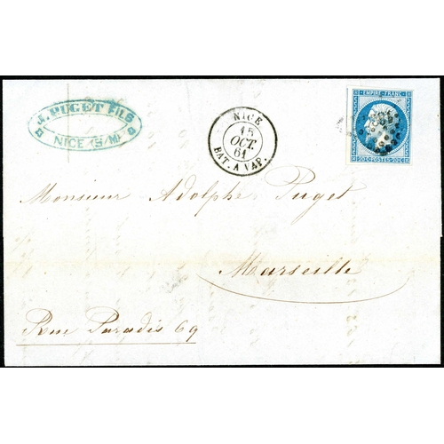 618 - NICE-MARSEILLES SERVICE - 15 Oct. 1861 EL (faint central fold) to Marseilles franked 20c tied by dia... 