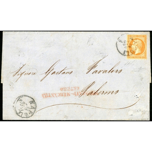 627 - ITALIAN CANCEL USED ON INCOMING FRENCH MAIL - 11 Feb. 1865 EL to Palermo ex Marseilles franked Franc... 