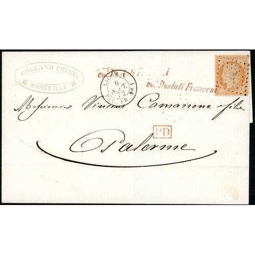 642 - FRENCH LIGNE X FRENCH PAQUEBOT MARKING - 6 Sep. 1872 E to Palermo franked 40c tied by 