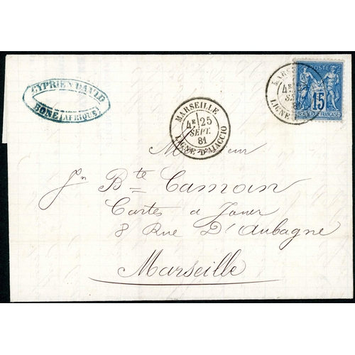 646 - MARSEILLES-AJACCIO-BONE (NORTH AFRICA) SERVICE - Range with 1881 EL to Marseilles franked France 15c... 